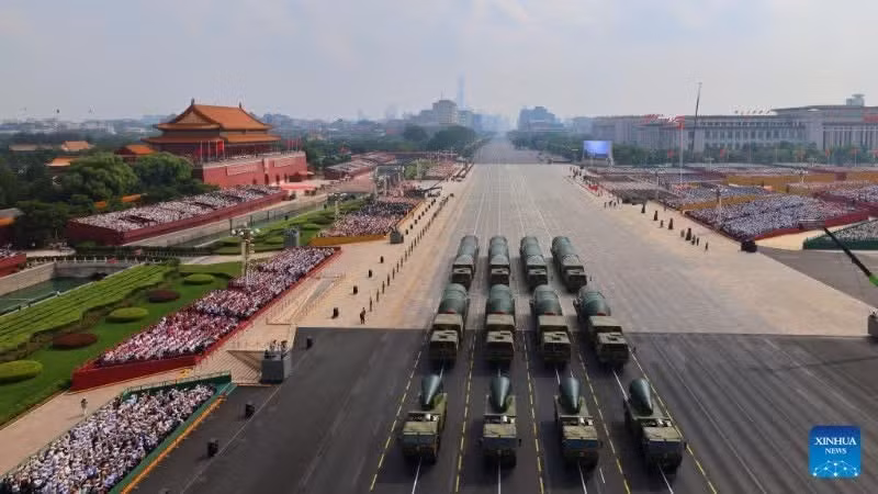 2025年9月3日，核导弹方队在中国北京参加阅兵式。（图片来源：新华社）