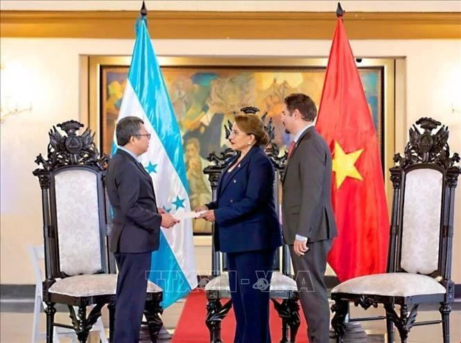 越南驻墨西哥兼驻洪都拉斯大使阮文海向洪都拉斯总统伊丽丝·希奥玛拉·卡斯特罗·萨缅托递交越南国家主席梁强的委任书。（图片来源：越通社）