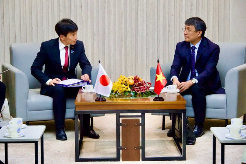 越南外交部常务副部长阮明宇（右）会见日本外务大臣政务官、众议院议员岛田智明。（图片来源：越通社）