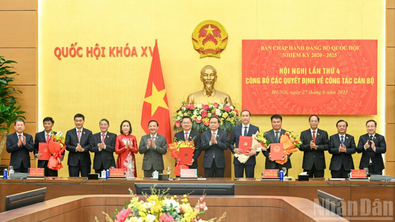 越南国会党委书记、国会主席陈青敏与国会副主席、国会党委副书记向林文敏、黄维征、冯庆才、邓玉辉等同志颁发任命决定并献花祝贺。