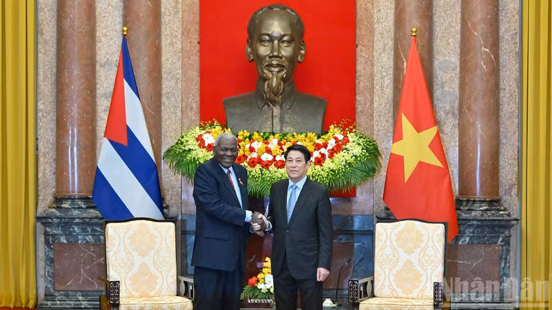 越南国家主席梁强会见古巴全国人民政权代表大会主席兼国务委员会主席埃斯特万·拉索·埃尔南德斯。