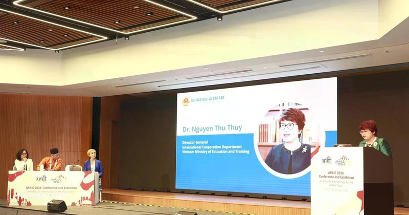 越南教育培训部国际合作司司长阮秋水在会议上发表讲话。（图片来源：越通社）