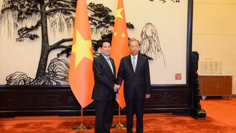 越南国家主席梁强会见中国全国人大常委会委员长赵乐际。