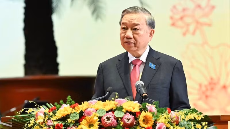 越共中央总书记苏林发表讲话。（维灵摄）