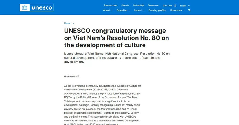 UNESCO发布祝贺越南文化发展决议的贺文。