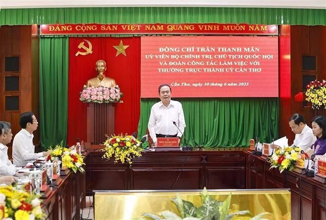 国会主席陈青敏在会上发言。（图片来源：越通社）