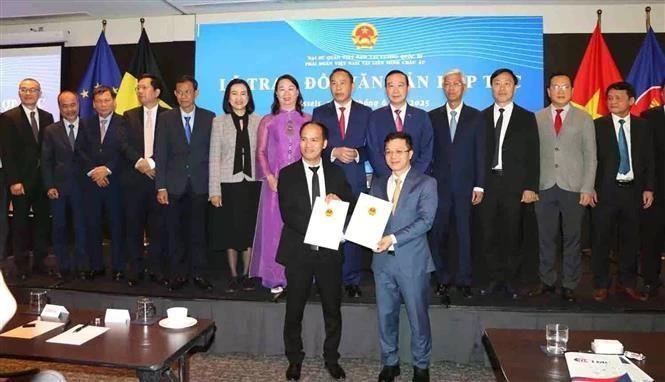 ViLaB主席冯国智博士（左）与越南农业与环境部代表签署了关于智慧农业和环境领域合作的谅解备忘录。（图片来源：越通社）