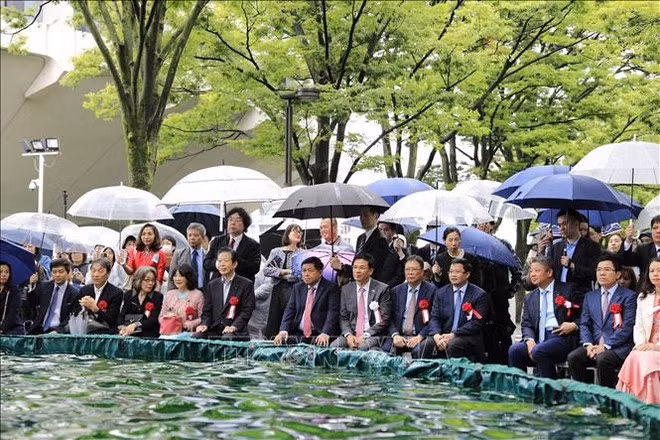 越南代表和日本许多嘉宾欣赏越南传统水上木偶戏。（图片来源：越通社）