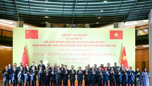 越南国会主席陈青敏同中国全国人大常委会委员长赵乐际和各位代表合影。