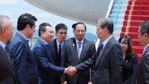 越南国会副主席陈光方同各部委、机构与河内市领导代表在内排国际机场迎接中国全国人大常委会委员长赵乐际。（图片来源：越通社）
