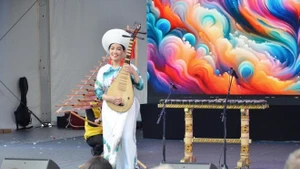 越南(法国）文化中心的艺术家在2025年韩国博览会上演出。（图片来源：越通社）