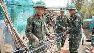 军队力量为嘉莱省洪涝灾区民众建造房屋。（图片来源：越通社）