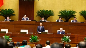 越南财政部部长阮文胜回答国会代表的质询。