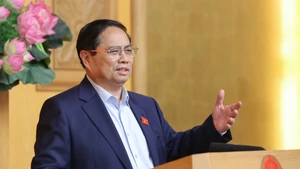 越南政府总理范明正在会议上发表讲话。（图片来源：VGP）