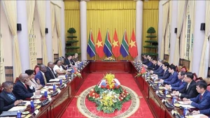 南非总统拉马福萨与越南国家主席梁强举行会谈。(图片来源:越通社)