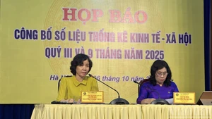 越南财政部统计总局国民经济核算系统司司长阮氏梅幸回答记者的提问。（图片来源：HNV 摄）