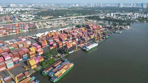胡志明市平征坊长寿港的货物装卸现场。（世英 摄）。