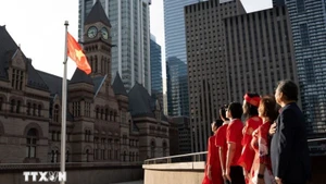 旅居加拿大的越南人社群在加拿大各地的行政中心隆重举行升旗仪式，以表达对祖国的自豪感和心系祖国的团结精神。（图片来源：越通社）