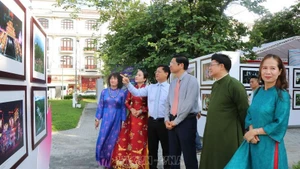 越南文化体育与旅游部副部长胡安峰参观摄影展。（图片来源：越通社）