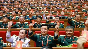 各位代表表决通过越共十四大决议。