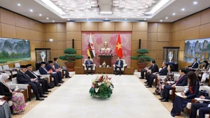 越南国会主席陈青敏会见文莱苏丹哈桑纳尔场景。