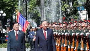 通伦·西苏里同志与苏林同志检阅仪仗队。