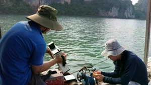 研究小组在下龙湾和陆 门湾采集海水样本。（图片来源：越通社）