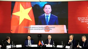 越南政府副总理陈红河发表视频讲话。（图片来源：越通社）