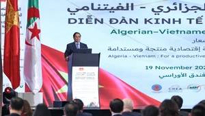 政府总理范明正在越阿经济论坛上发表讲话。（图片来源：VGP）