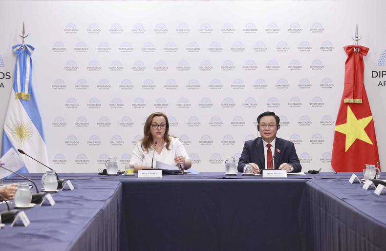 阿根廷众议长塞西莉亚·莫罗在会谈中发表讲话。