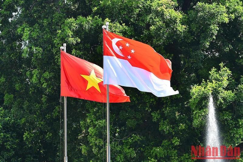 越新两国国旗在主席府迎风飘扬。 越新两国国旗在主席府迎风飘扬。