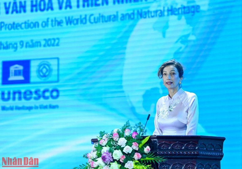 联合国教科文组织总干事奥德蕾·阿祖莱在仪式上发言。 联合国教科文组织总干事奥德蕾·阿祖莱在仪式上发言。