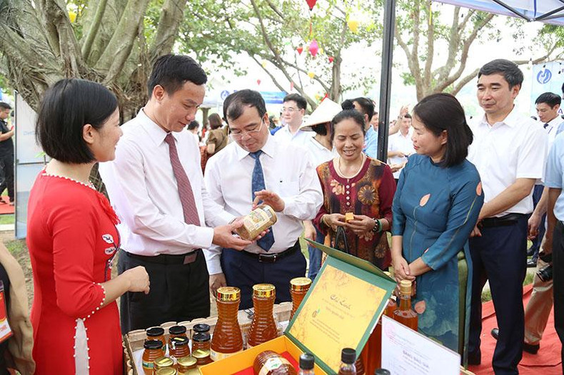 海阳省领导人参观OCOP产品展位。 海阳省领导人参观OCOP产品展位。