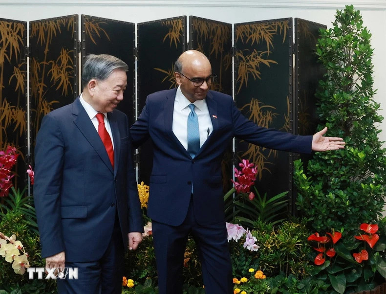 越共中央总书记苏林与新加坡总统尚达曼。