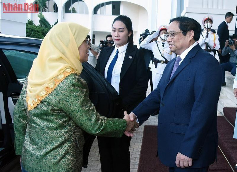 越南政府总理范明正热烈欢迎新加坡总统哈莉玛·雅各布。