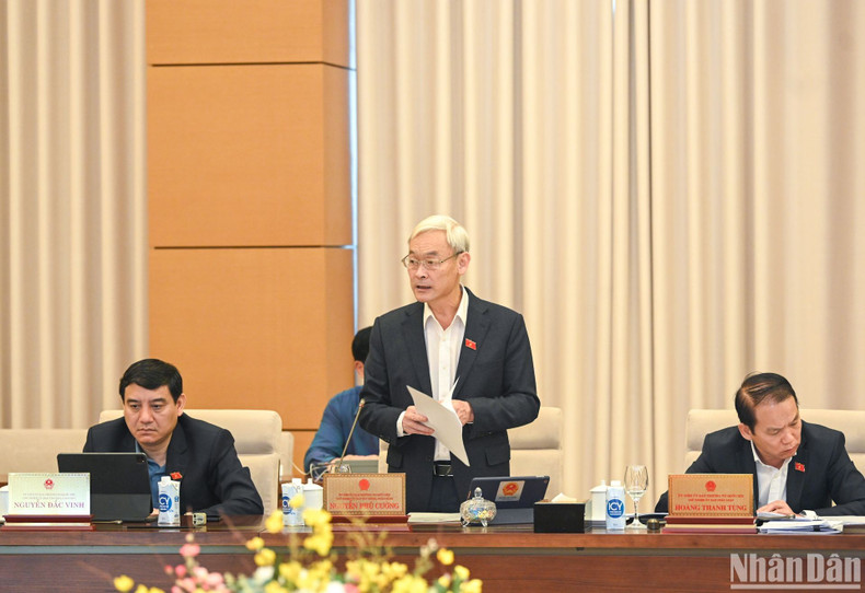 国会财政预算委员会主任阮富强在会上作报告。