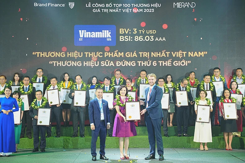 Vinamilk在2023年越南最具价值品牌100强揭晓仪式上荣获全球乳制品品牌第六名。 Vinamilk在2023年越南最具价值品牌100强揭晓仪式上荣获全球乳制品品牌第六名。