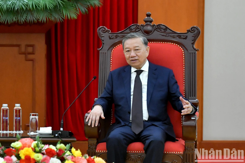 苏林总书记在会见中发表讲话。