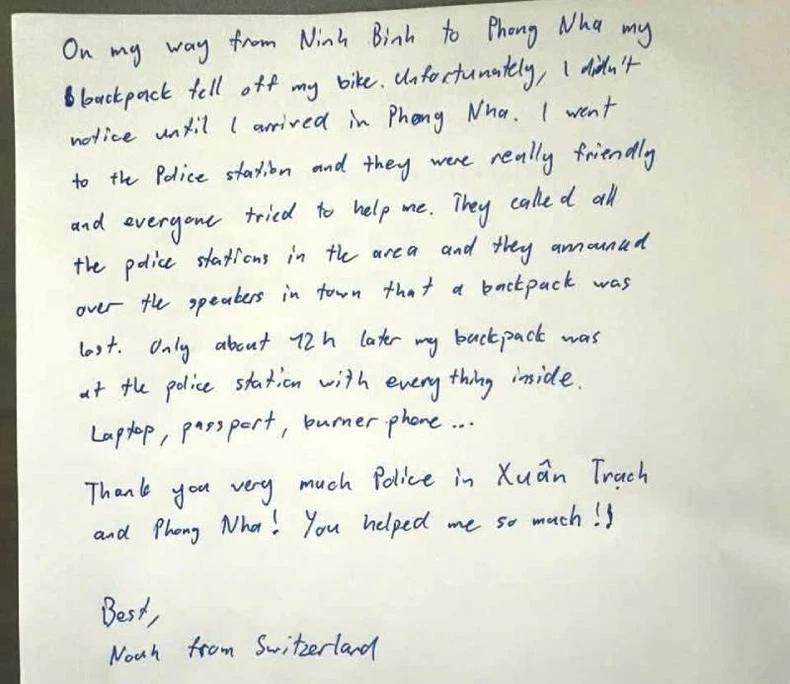 瑞士游客致信感谢广平省各地公安机关。