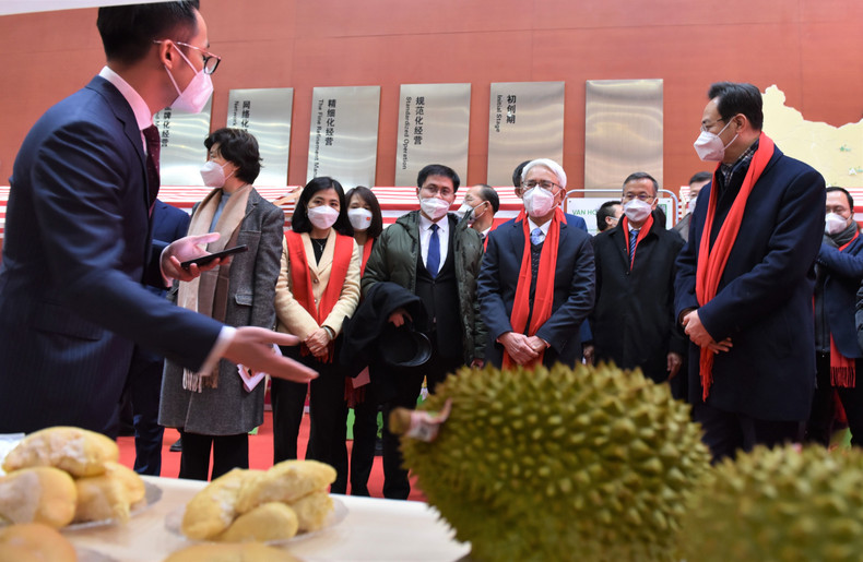 范星梅大使与天津市领导参观越南榴莲展位。