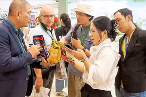 外国企业在胡志明市西贡展览会议中心举办的国际供应对接展览会上了解越南产品。（图片来源：baomoi.com）