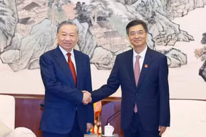 越共中央总书记、越南国家主席苏林会见中国广西壮族自治区党委书记陈刚。图片来源：越通社