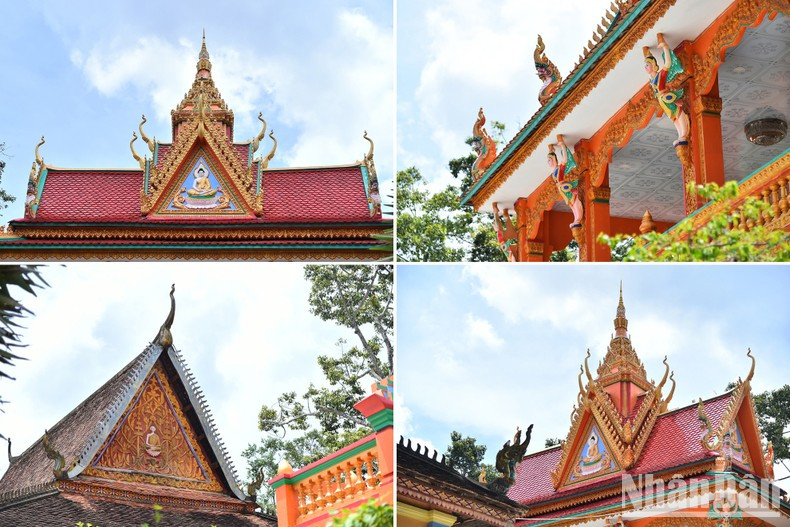 妨寺主殿设计采用了弯曲如龙尾的屋顶。屋顶的顶部尖锐高耸，装饰着许多高棉文化的特有象征，为这座寺庙增添了特殊印记。这些寺庙不仅展示古老而迷人之美，还是茶荣省保存着高棉族群独特文化宝藏之地。