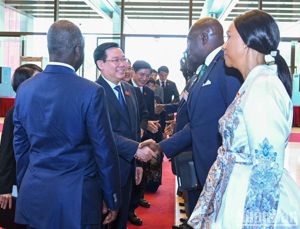 科特迪瓦国民议会议长阿达马·比克多戈向国会主席王廷惠介绍科特迪瓦代表团成员。