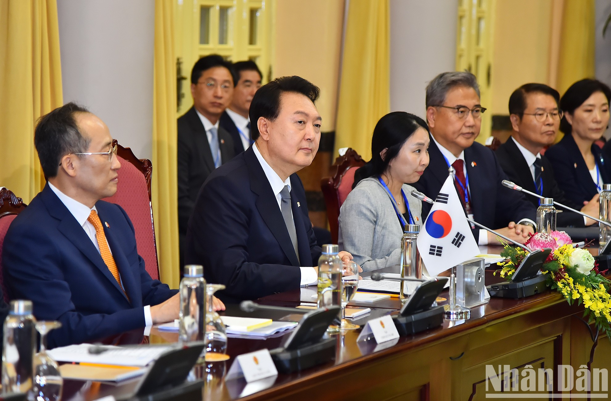 韩国总统尹锡悦在会谈上发表讲话。 韩国总统尹锡悦在会谈上发表讲话。