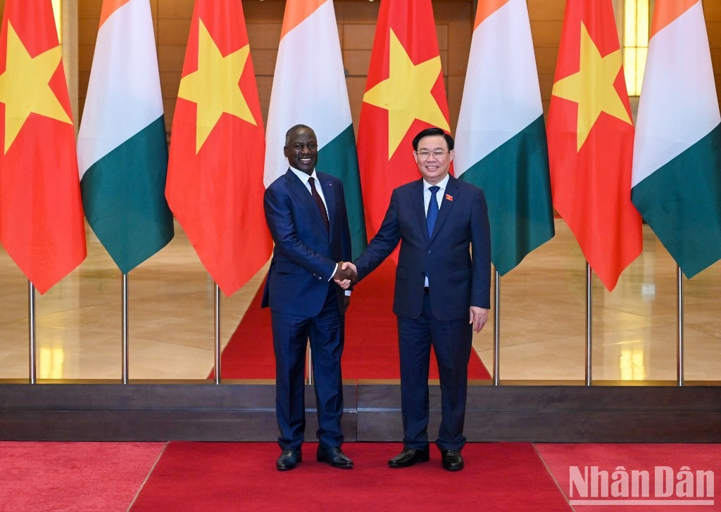 越南国会主席王廷惠与科特迪瓦国民议会议长阿达马·比克多戈在欢迎仪式上合影。