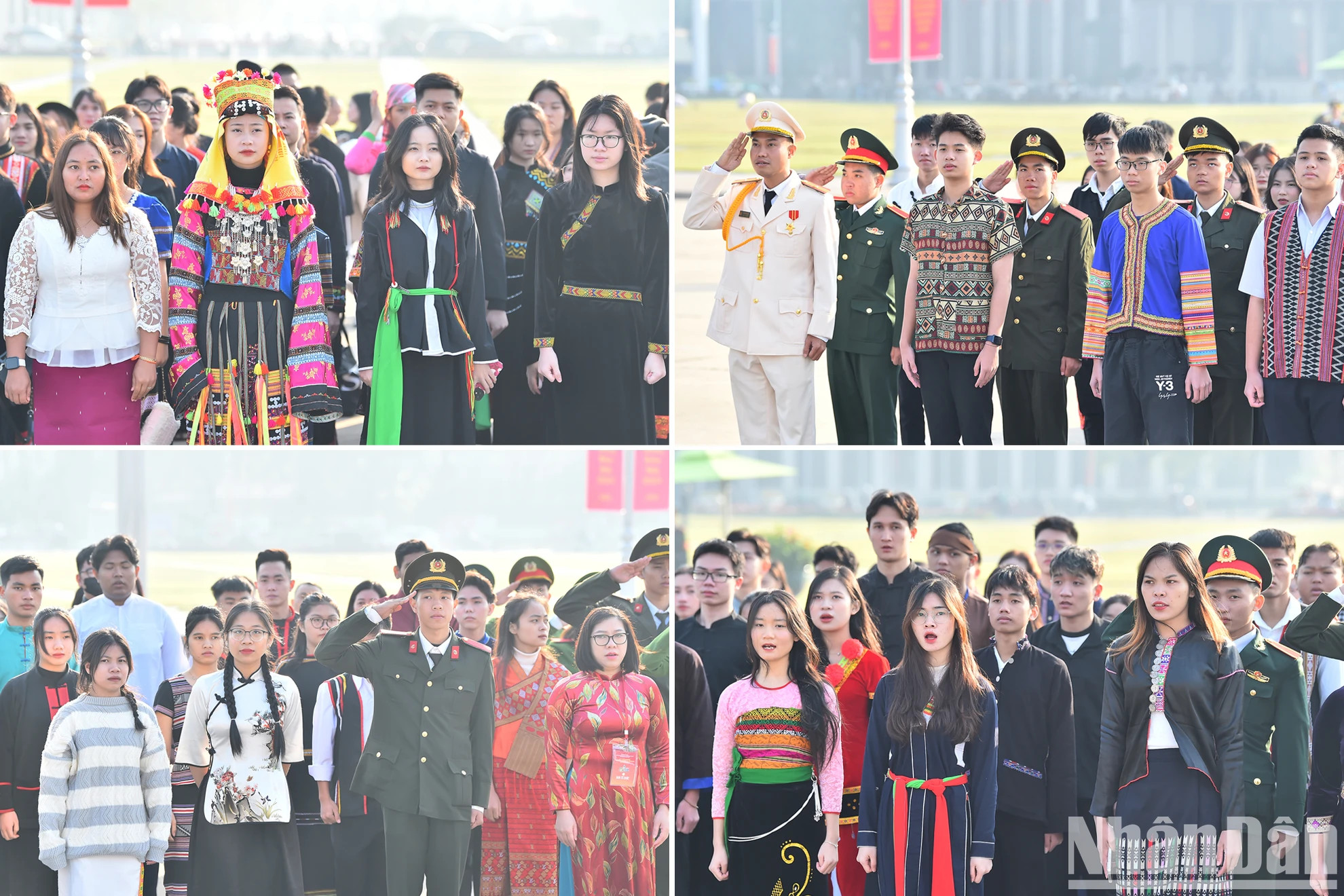 身穿民族传统服饰的各名优秀典范少数民族学生、大学生和青年代表出席向胡伯伯报功仪式并入陵瞻仰胡志明主席遗容。