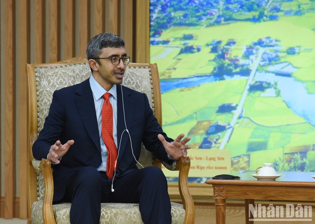 阿拉伯联合酋长国外交与国际合作部长谢赫阿卜杜拉·本·扎耶德·阿勒纳哈扬在会见中发表讲话。