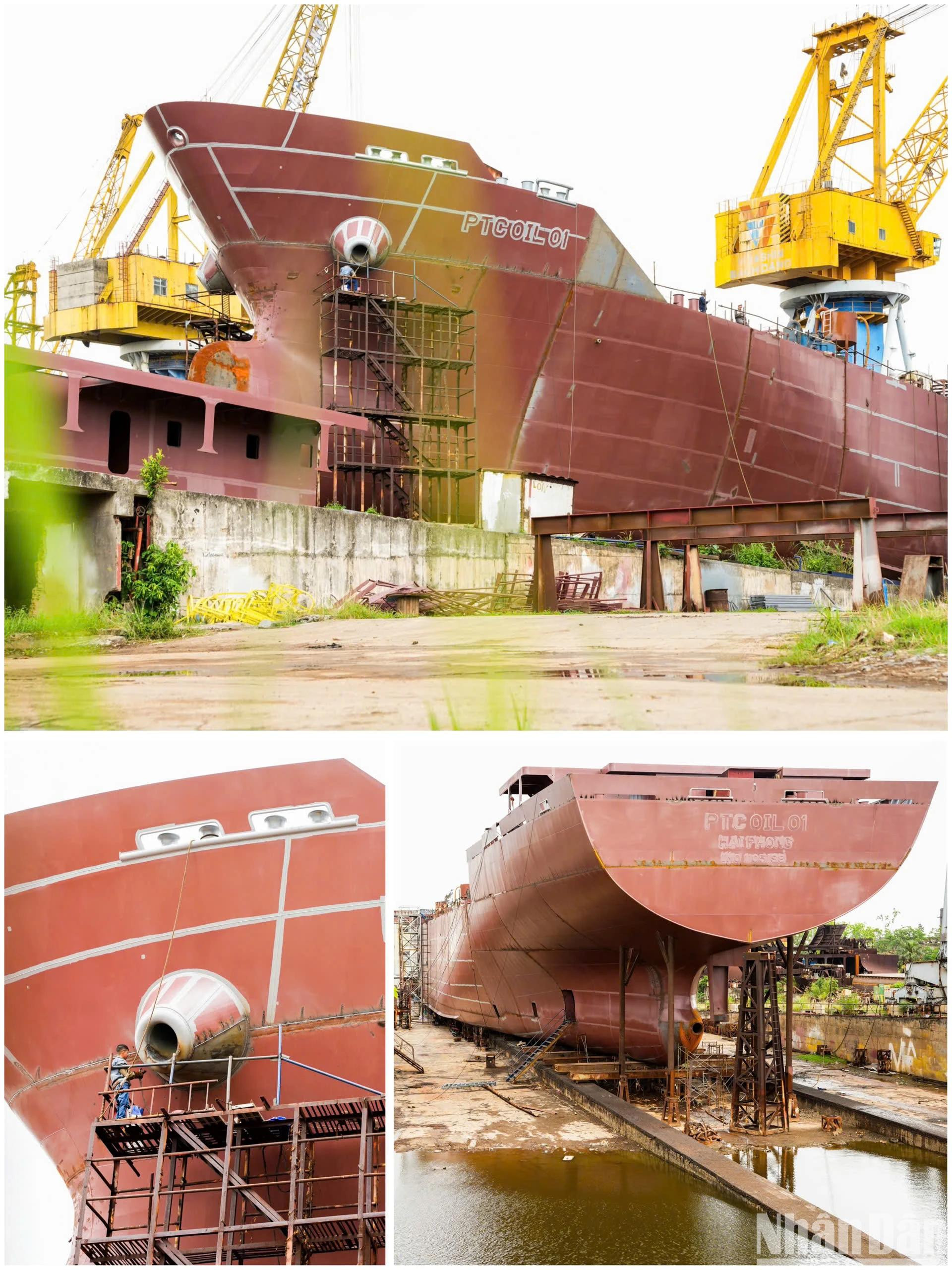 海防市南赵造船厂工人正在进行船体外部的最后施工工作。 海防市南赵造船厂工人正在进行船体外部的最后施工工作。