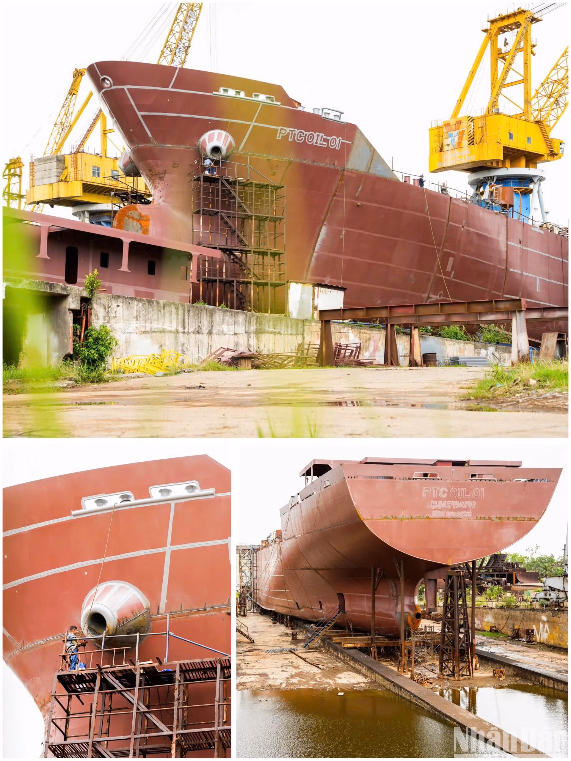 海防市南赵造船厂工人正在进行船体外部的最后施工工作。